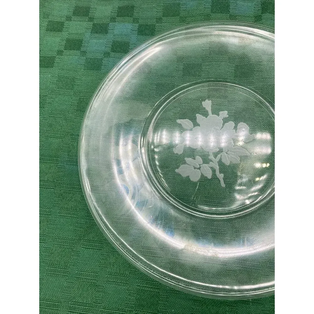 8” Clear Glass Dessert Plate Etched Floral Design Bottom